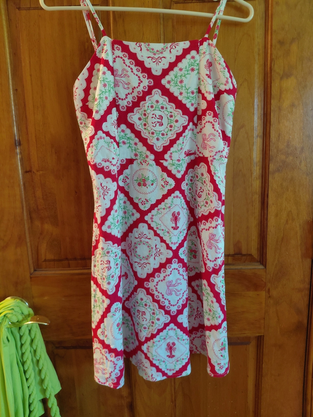 Mounteau Red and White Spaghetti Strap Sundress with Floral Medallion Print